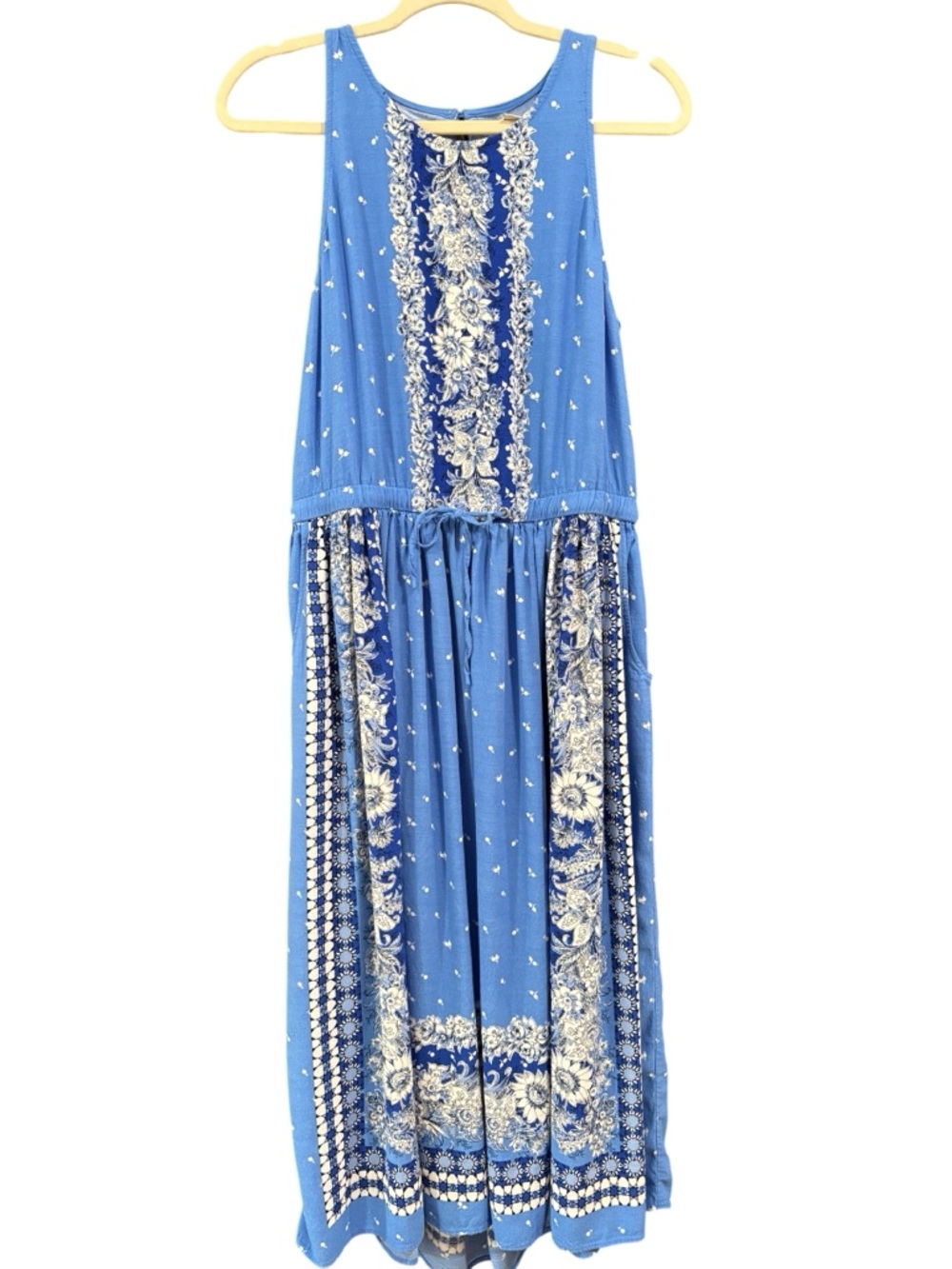 LOFT Blue Boho Midi Dress Sleeveless Drawstring Waist Floral L